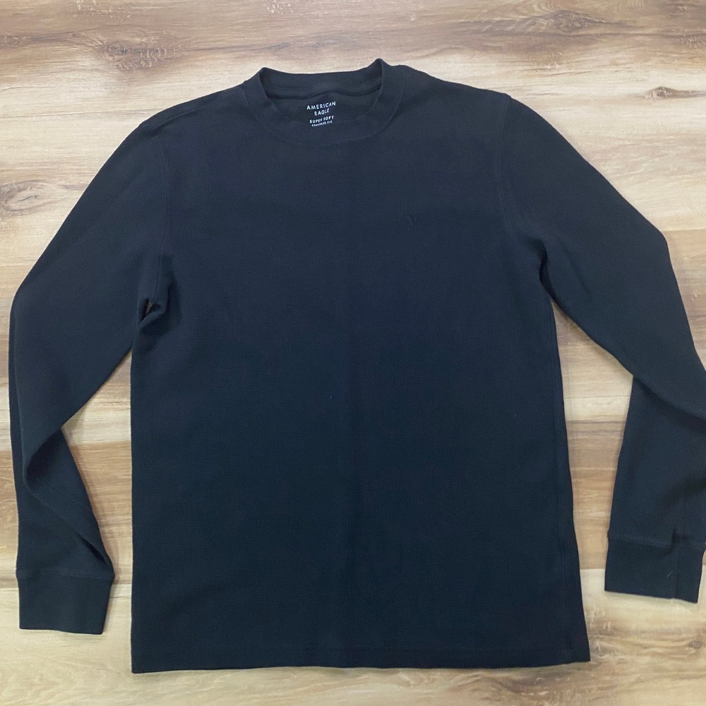 American Eagle Thermal Shirt Small Long Sleeve Waffle Knit Cotton Blend Black